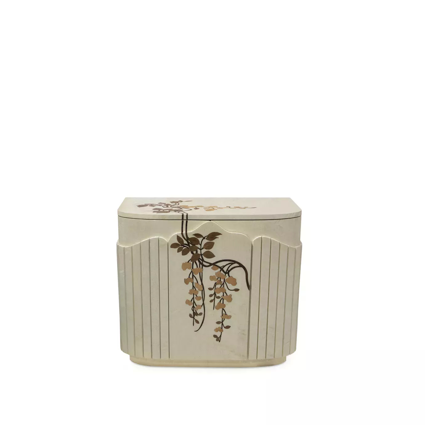 Elegant Fleur Nightstand with a curved design and cream-white finish adorned with a delicate floral pattern in shades of brown and gold on the sides and top.