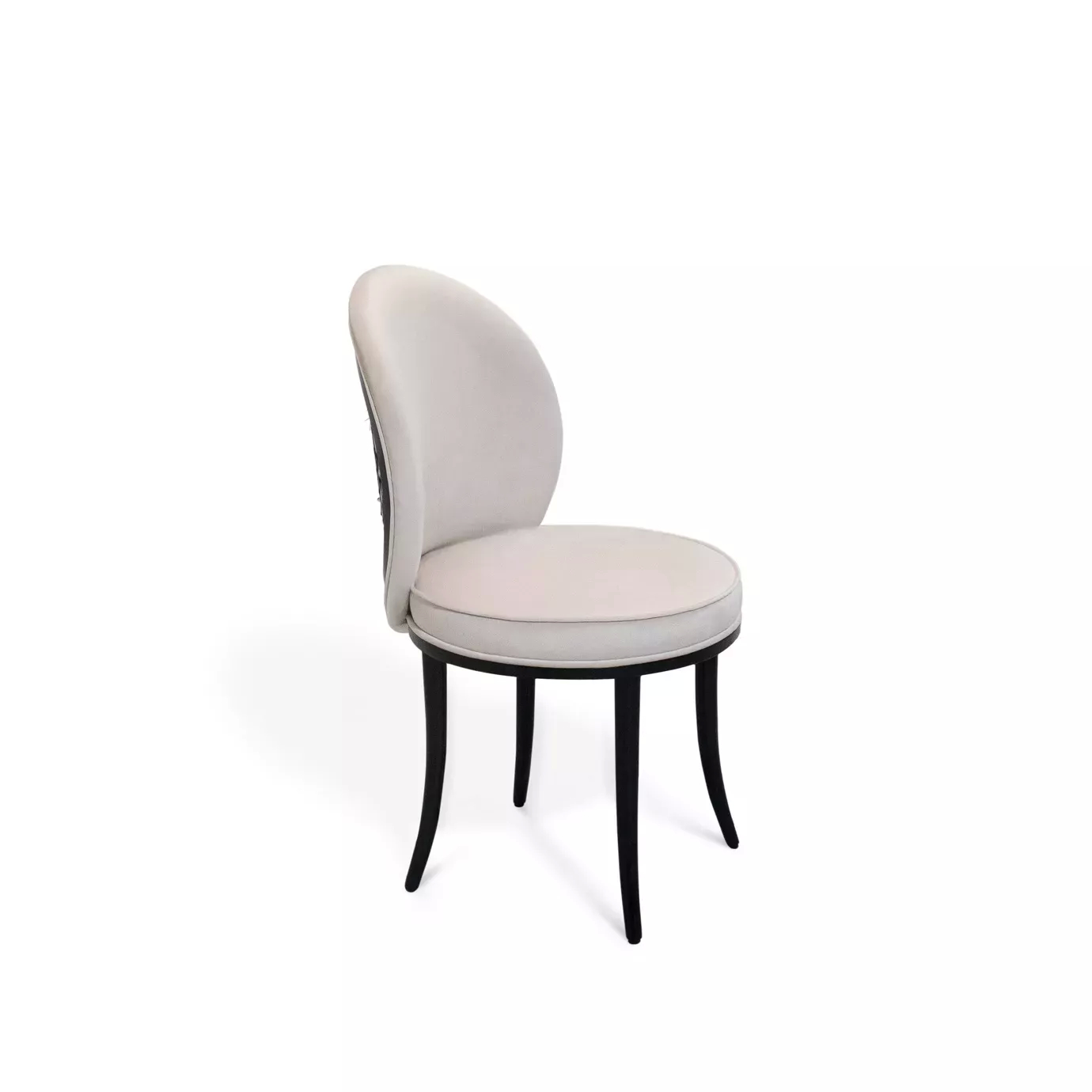 Elegant Merveille Folie Dining Chair with a curved backrest featuring a feather pattern in shades of brown and black on the back and white upholstery on the front, a round white upholstered seat with black edges, and tapered black legs.