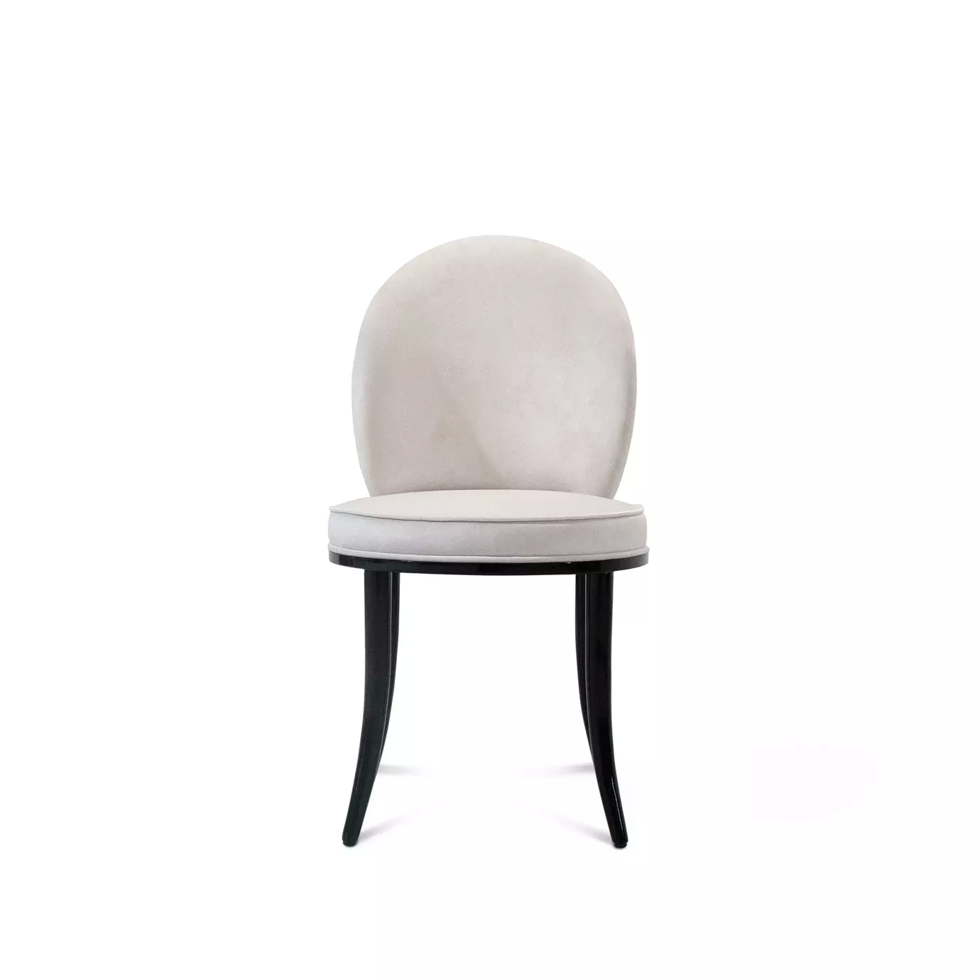 Elegant Merveille Folie Dining Chair with a fully white upholstered oval backrest, a round white upholstered seat with black edges, and tapered black legs, viewed from the front.
