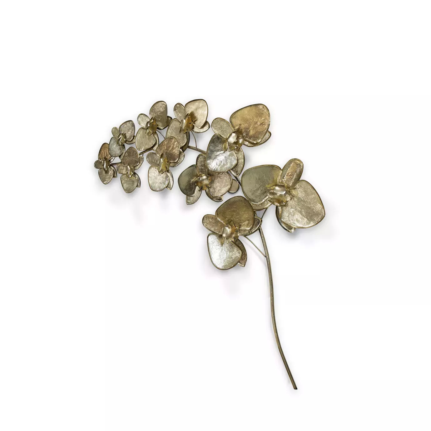 Elegant gold orchid brooch on a white background, showcasing artisanal craftsmanship and representing luxury and strength.