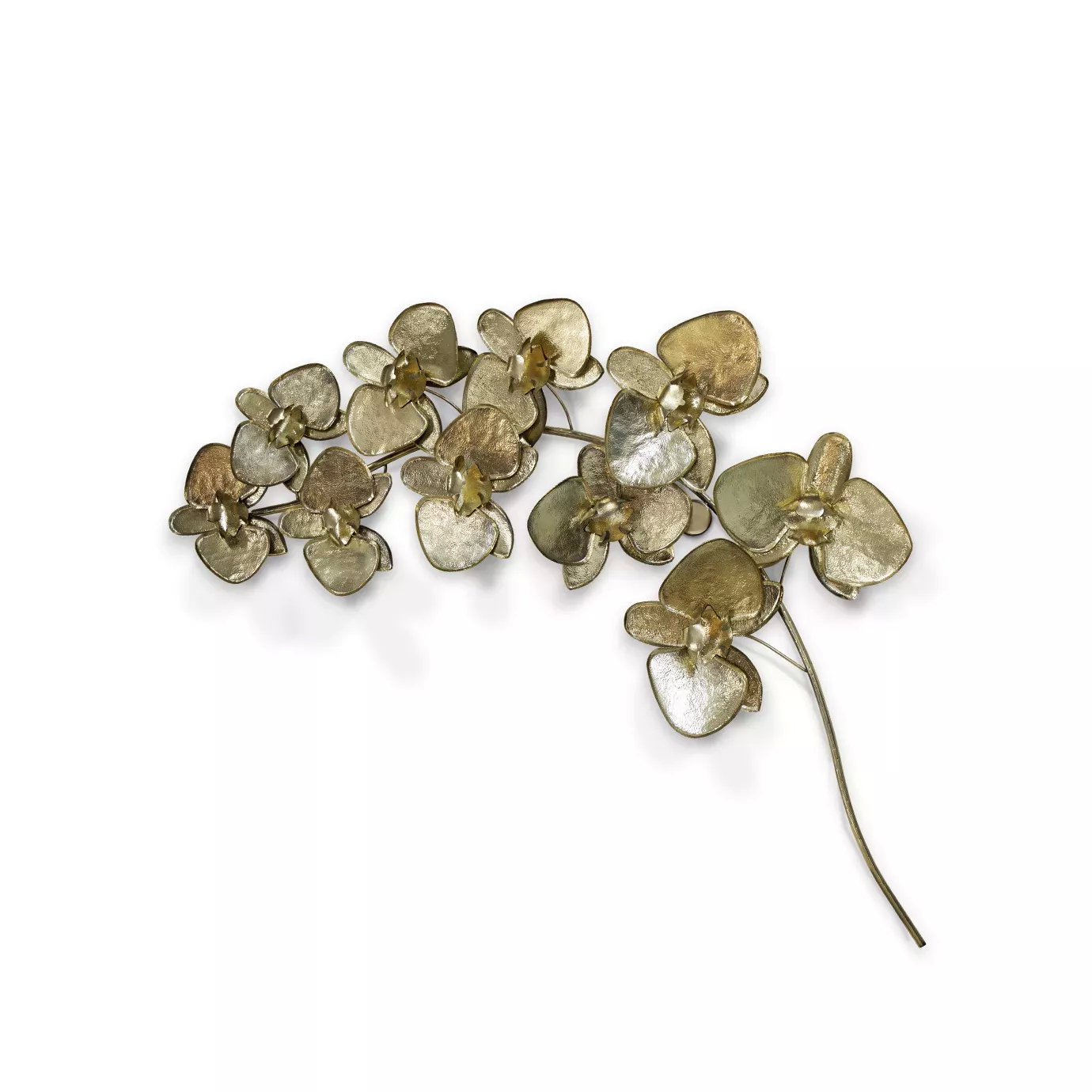 A gold orchid brooch with intricate detailing, symbolizing love and beauty, set against a clean white background.