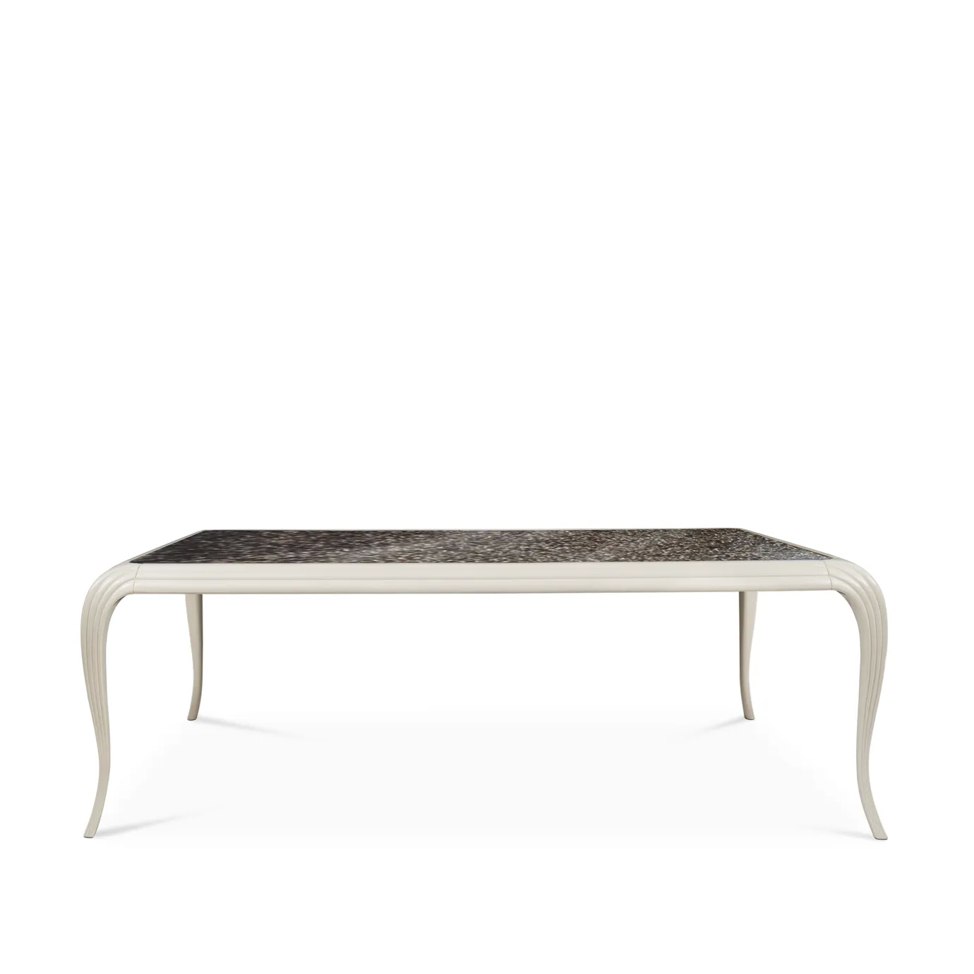 Elegant Merveille Dining Table with a rectangular top adorned with an exotic feather pattern in shades of brown, black, and white, and a curved white base with vertical textured details, viewed from the front.