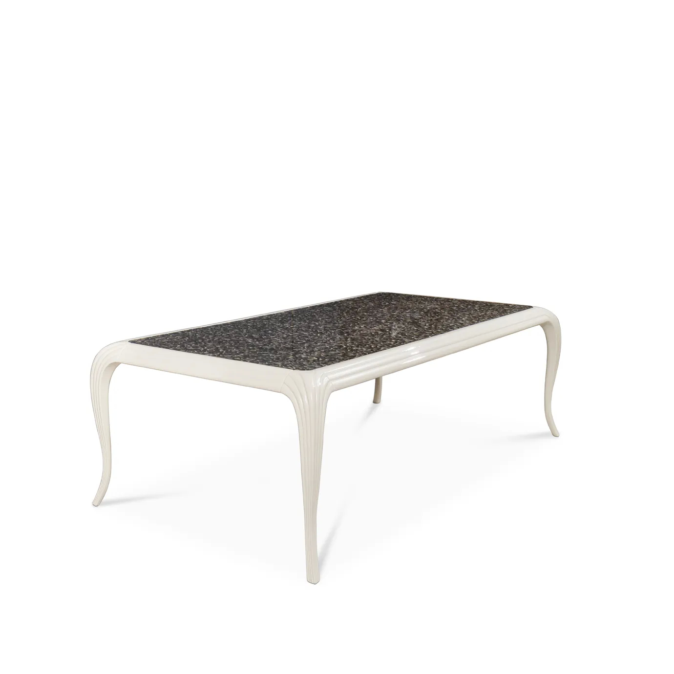 Elegant Merveille Dining Table with a rectangular top adorned with an exotic feather pattern in shades of brown, black, and white, and a curved white base with vertical textured details.