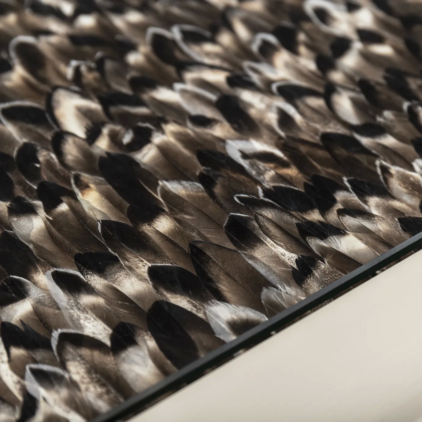 Elegant close-up detail of the Folie feather pattern in shades of brown, black, and white beneath a glossy surface, possibly glass, of the Merveille Dining Table's tabletop.