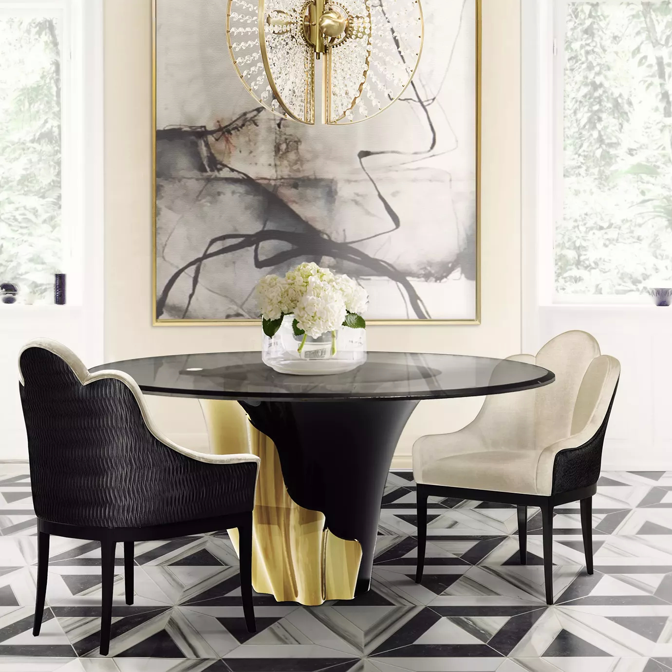 A neutral toned room with a Yasmine Dining Table in the middle. The table features a sultry silhouette with a smoked glass tabletop set on a solid wooden black base, adorned with a golden structure that arches back and forth. Around the table there are two armchairs in black and white hues. Above, a clear and golden chandelier is set.