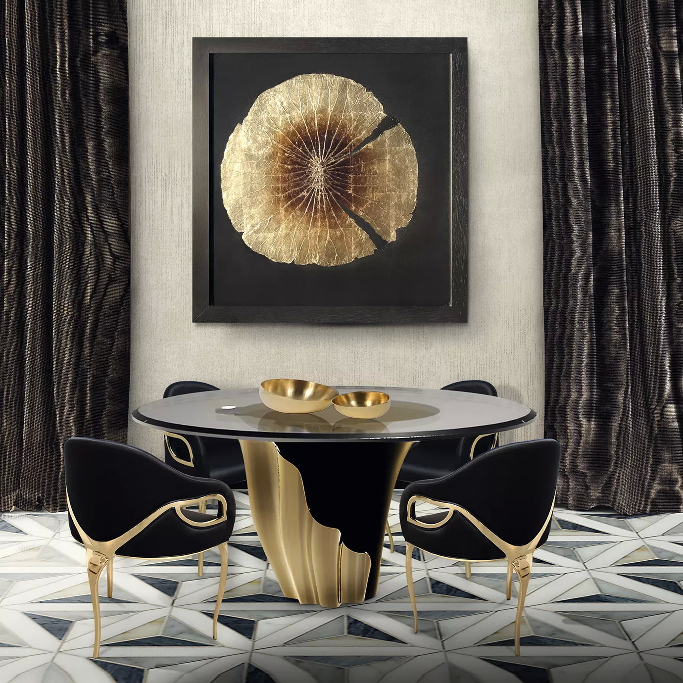A neutral toned room with a Yasmine Dining Table in the middle. Yasmine Dining Table has a smoked glass tabletop set on a solid wooden black base, adorned with a golden structure that arches back and forth. Matching with the table, around it there are four chairs in black and golden hues. In the background, there is a black and golden frame.