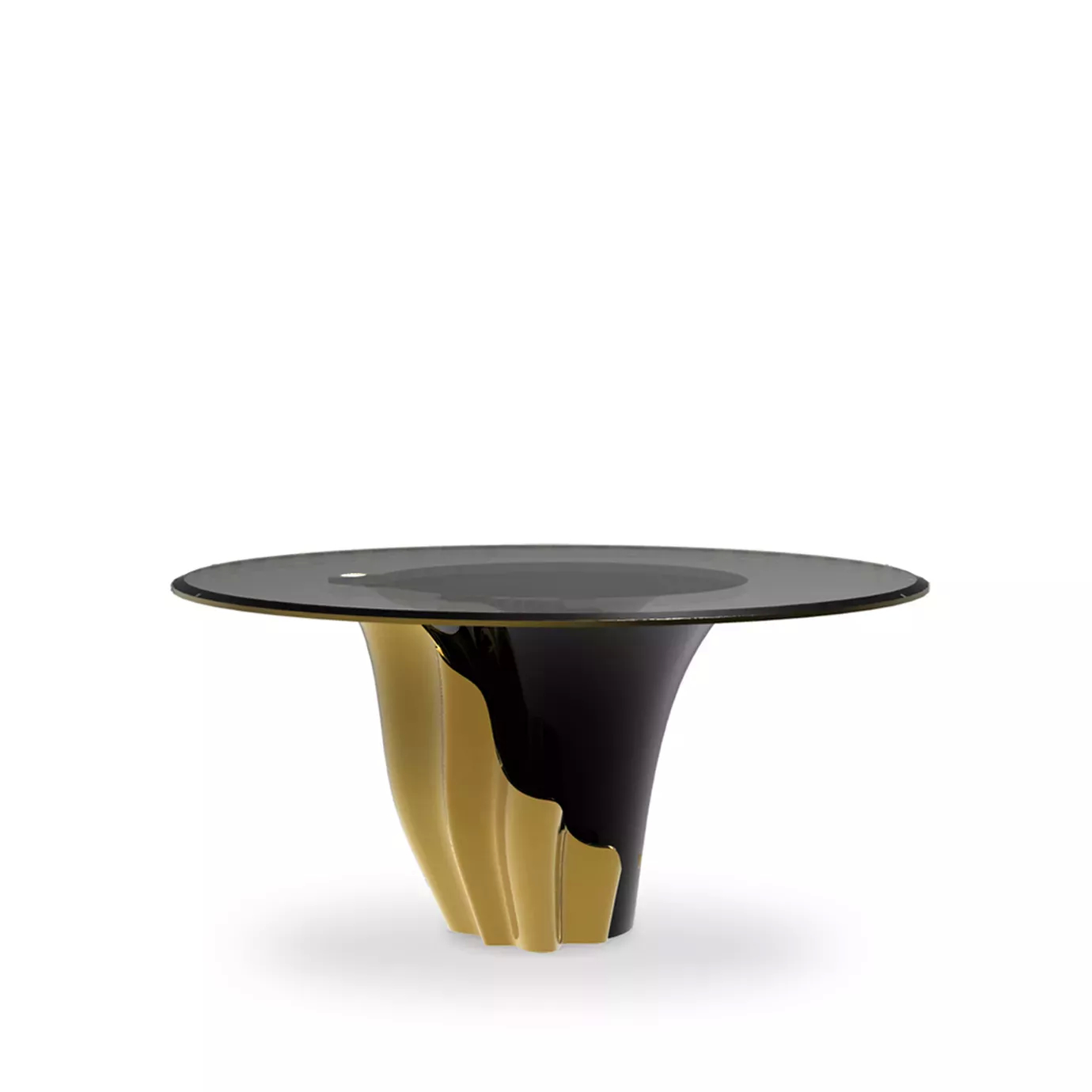 Yasmine Dining Table features a sultry silhouette with a smoked glass tabletop set on a solid wooden black base, adorned with a golden structure that arches back and forth.