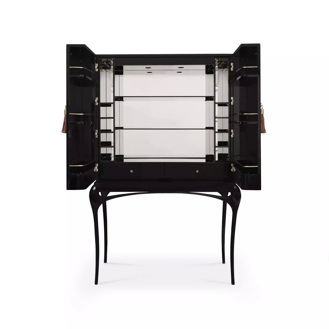 Elegant Temptation Bar Cabinet with the doors open revealing the interior with glass shelves, golden bottle holders, and two drawers, on a glossy black frame with sculptural curved legs.