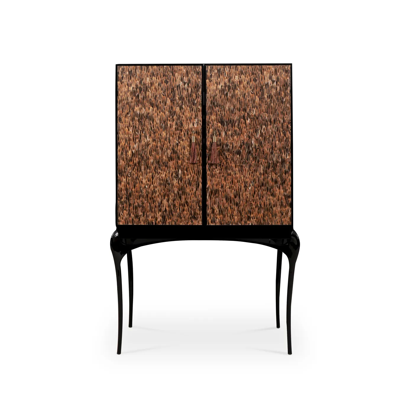 Elegant Temptation Bar Cabinet with two doors adorned with a golden and brown feather pattern, copper-toned handles, and a glossy black frame with curved legs.