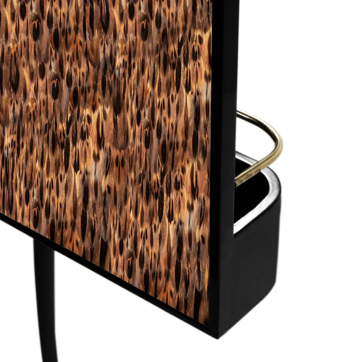 Elegant close-up detail of the door of the Temptation Bar Cabinet adorned with a golden and brown feather pattern and a curved copper-toned handle