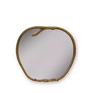 Elegant Serpentine Apple Shaped Mirror with a textured golden frame sculpted in the form of a sinuous serpent encircling the round mirror, with the serpent's head emerging at the top and its tail intertwined at the base.