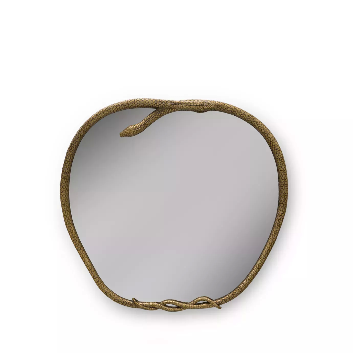Elegant Serpentine Apple Shaped Mirror with a textured golden frame sculpted in the form of a sinuous serpent encircling the round mirror, with the serpent's head emerging at the top and its tail intertwined at the base.