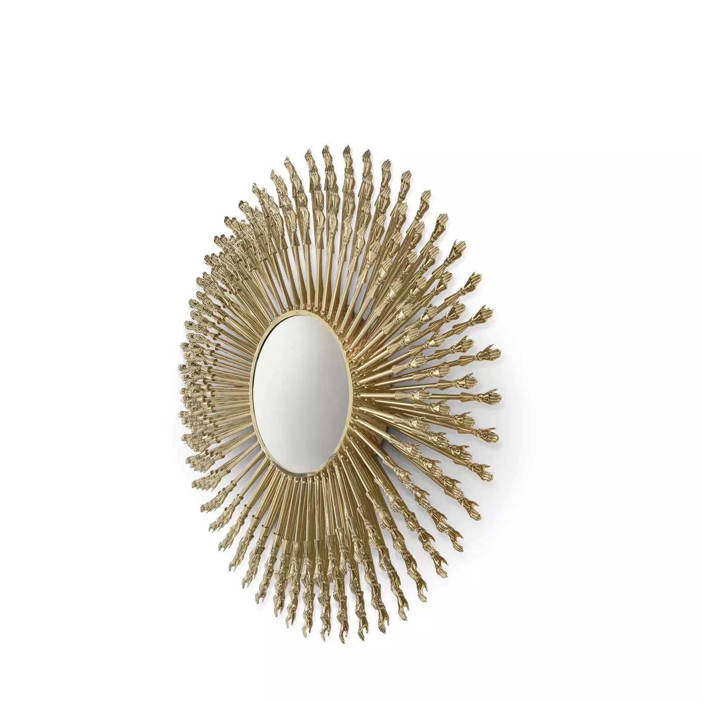 Side view of the Goddess Mirror, showcasing its golden frame featuring multiple representations of tiny hands around it.