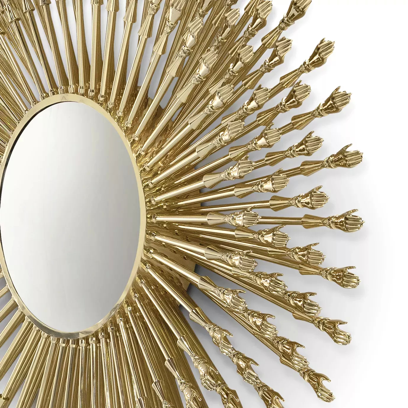 Close view of the golden frame featuring multiple representations tiny hands, around Goddess Mirror.