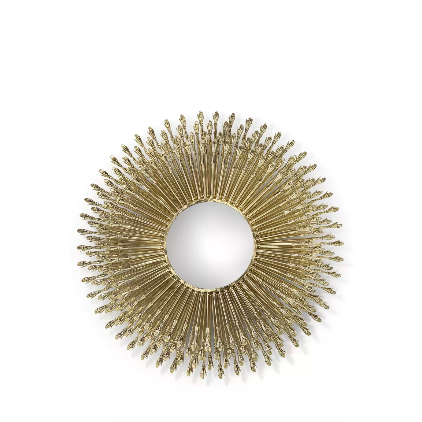Goddess Mirror in a circular form with a golden frame portraying multiple tiny hands around the mirror.