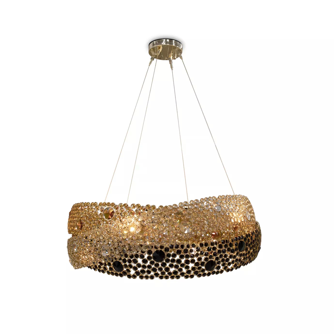 Elegant Trinity Chandelier with a modern and sculptural design, composed of three concentric and undulating rings adorned with crystals in shades of black, gold, and clear, suspended by thin metal cables from a round golden ceiling mount, viewed from a slightly different angle.