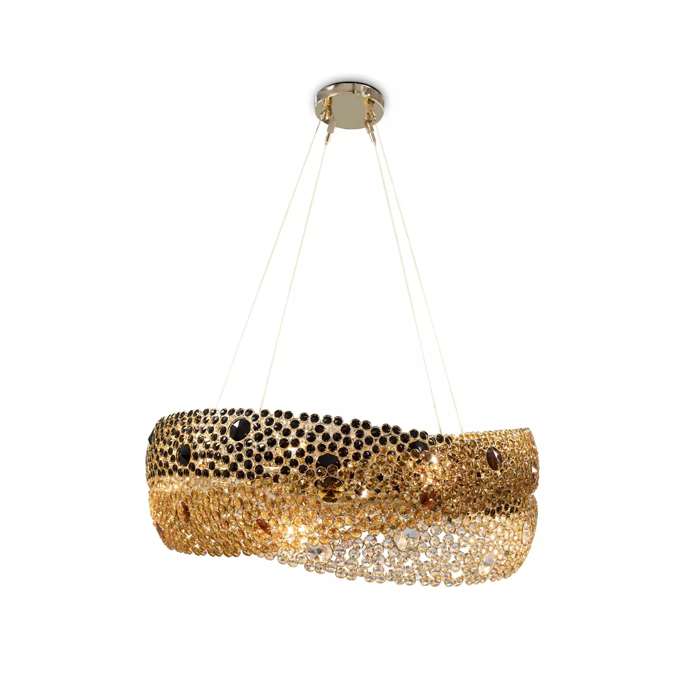 Elegant Trinity Chandelier with a modern and sculptural design, composed of three concentric and undulating rings adorned with crystals in shades of black, gold, and clear, suspended by thin metal cables from a round golden ceiling mount, viewed from another angle showing the arrangement of the crystals.