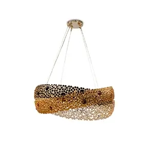 Elegant Trinity Chandelier with a modern and sculptural design, composed of three concentric and undulating rings adorned with crystals in shades of black, gold, and clear, suspended by thin metal cables from a round golden ceiling mount.