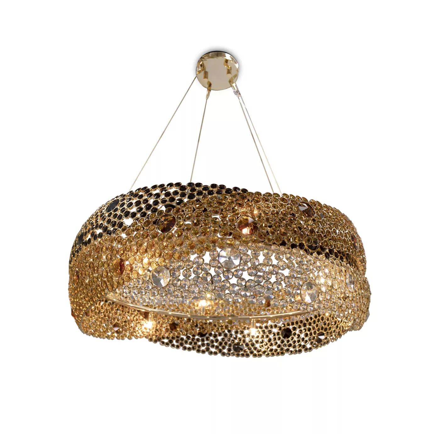 Elegant Trinity Chandelier with a modern and sculptural design, composed of three concentric and undulating rings adorned with crystals in shades of black, gold, and clear, suspended by thin metal cables from a round golden ceiling mount, with the internal lights illuminated.