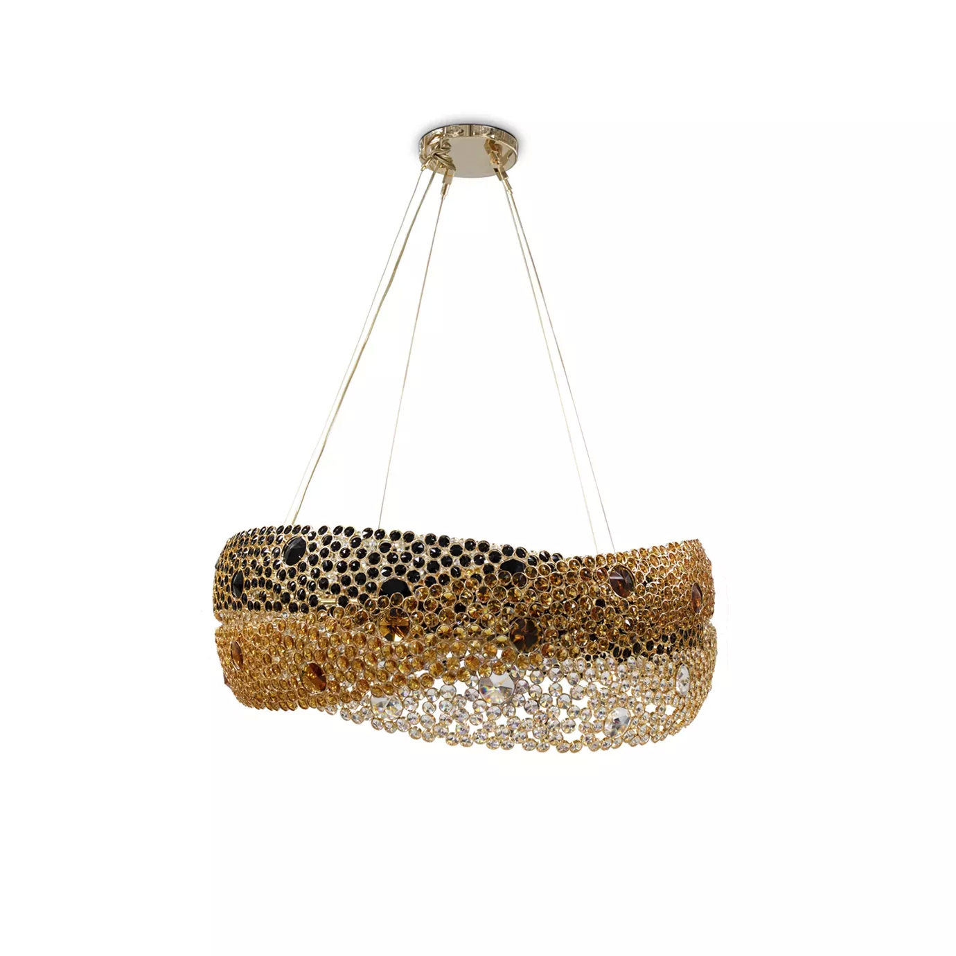 Elegant Trinity Chandelier with a modern and sculptural design, composed of three concentric and undulating rings adorned with crystals in shades of black, gold, and clear, suspended by thin metal cables from a round golden ceiling mount.