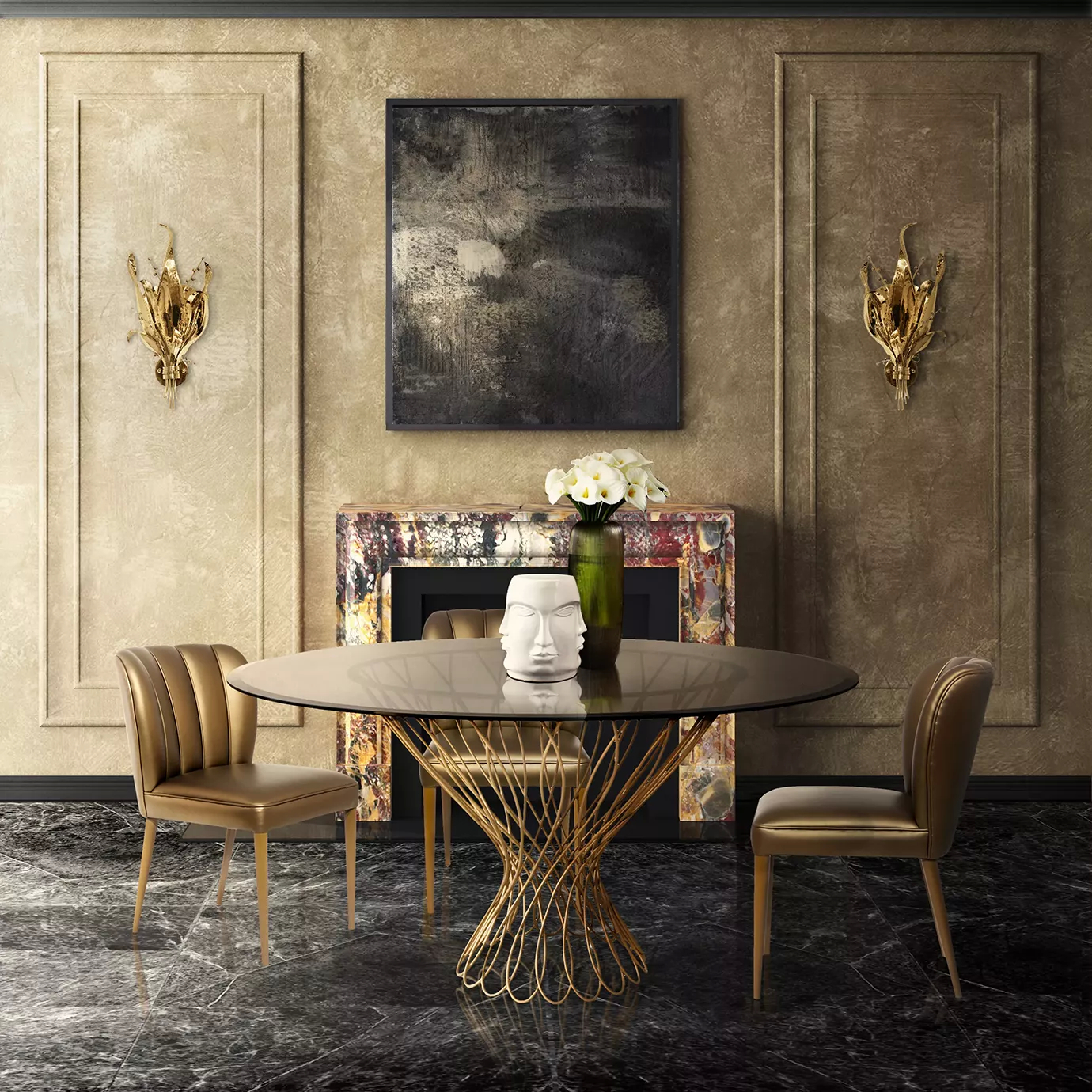 A sophisticated dining room in beige tones. On the center of the dining room, there’s an Allure Dining Table, featuring a smoked glass top resting on an interlaced golden silhouette-shaped structure. Surrounding the table, there are two dining chairs. In the background, there is a fireplace, with an artwork above, centered between two sconces.