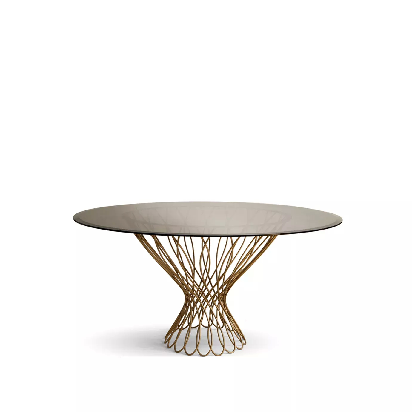 Allure Dining Table: Sophisticated bronze glass top resting on the interlaced golden silhouette-shaped structure.