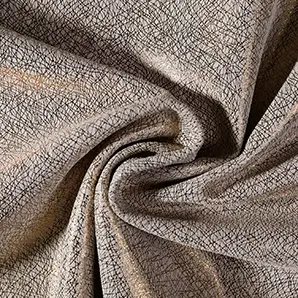 Close-up of a Glamour Leather fabric swatch with an abstract pattern of fine gold and black lines interwoven on a light base, showcasing its unique texture and a subtle sheen that gives it a feeling of modernity and sophistication. The fabric is slightly draped, revealing its pliability and the interplay of light on the different folds.