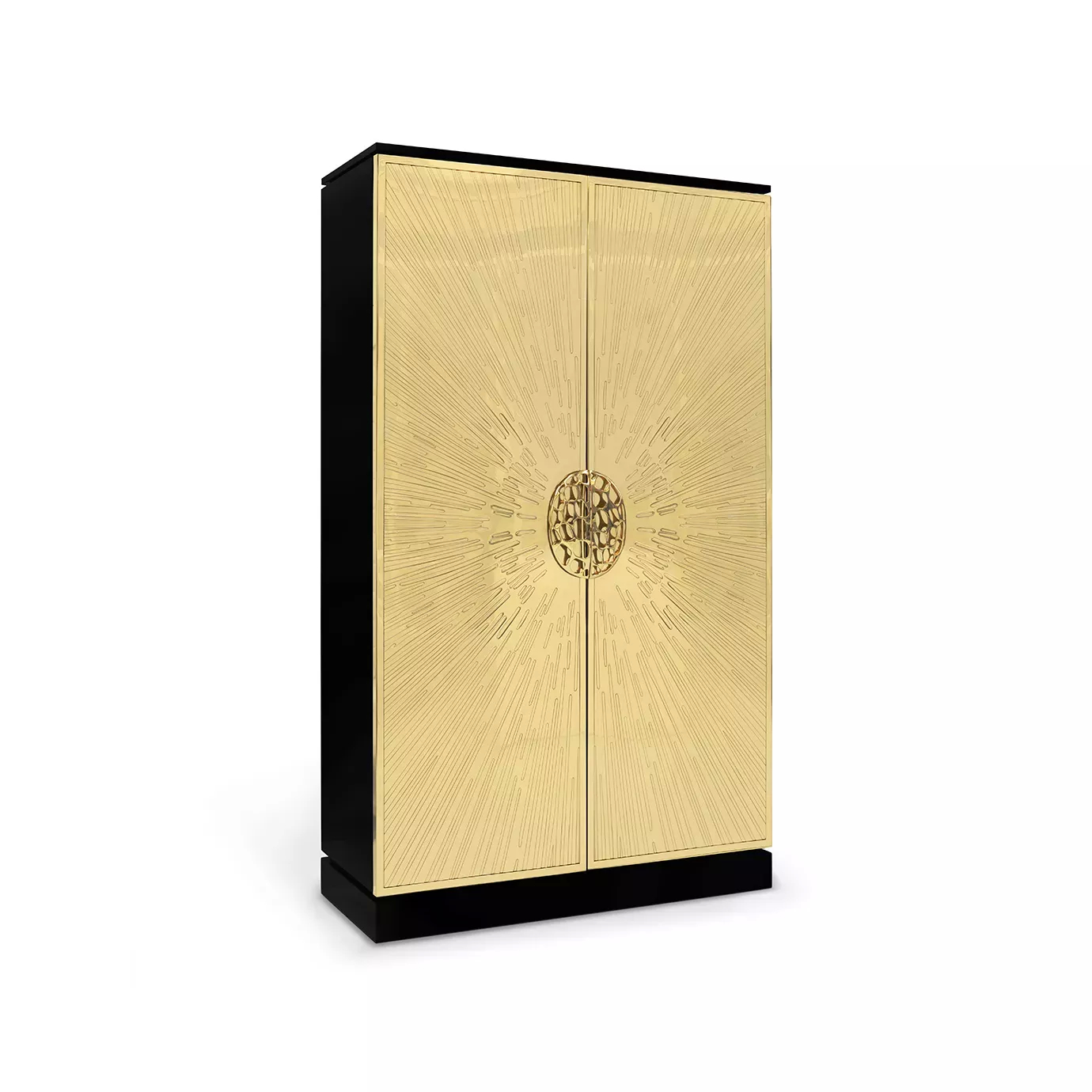 Heive Armoire with black sides and golden sunburst-textured front design.