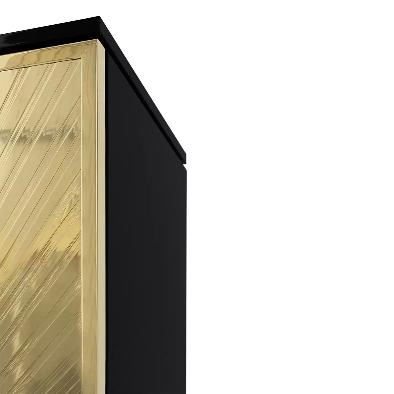 Detailed corner of the elegant black and gold Heive armoire.