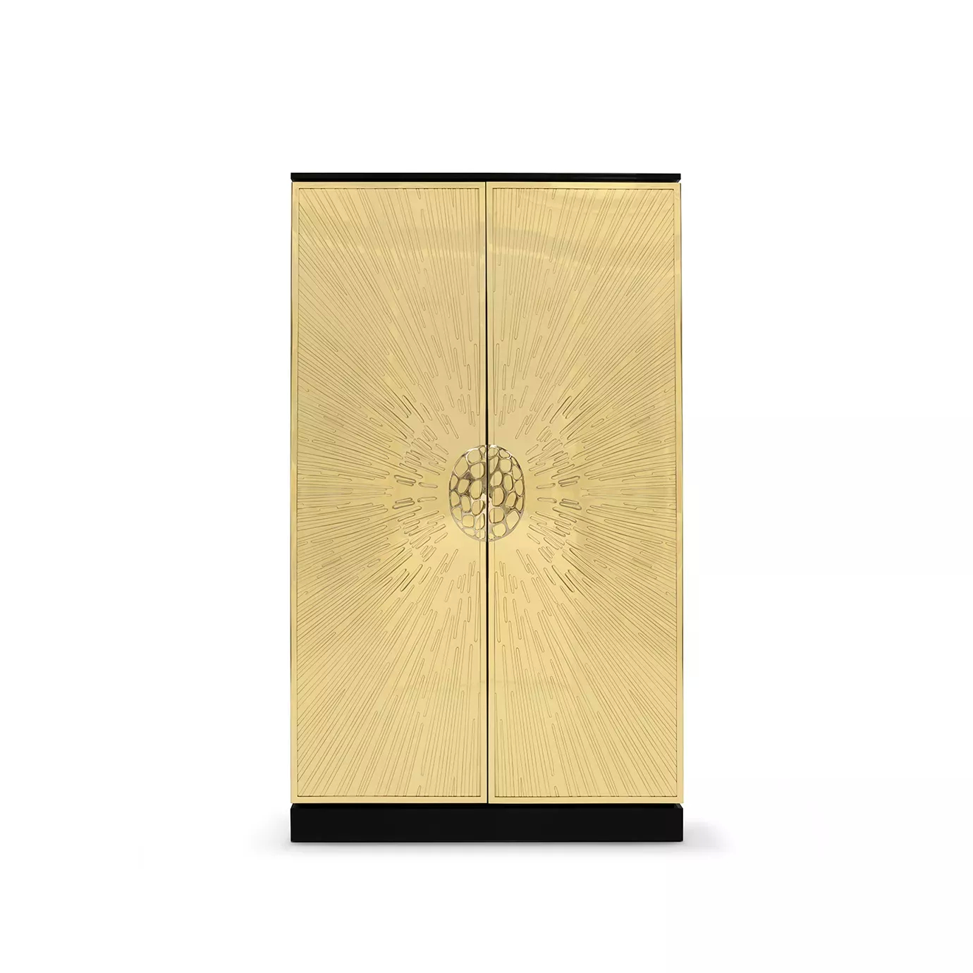 Heive Armoire with radiant gold finish and sunburst-inspired artistic design.
