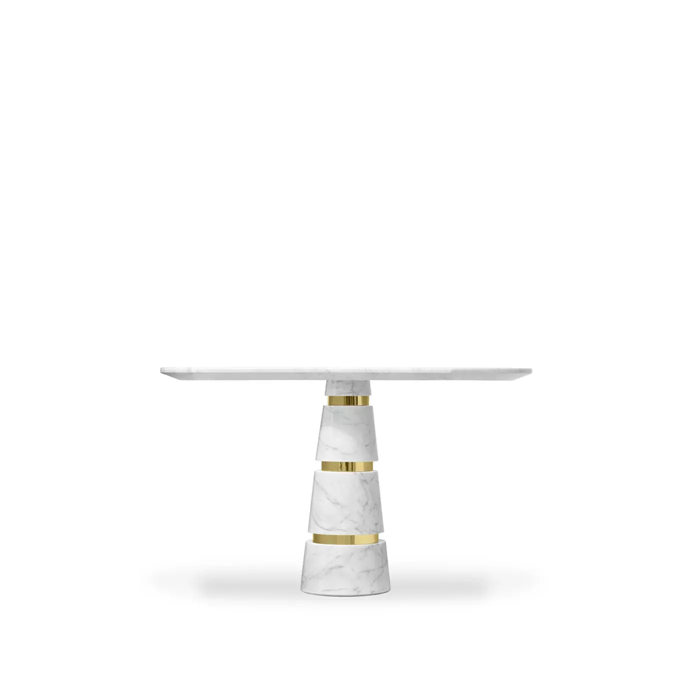Elegant Avalanche Carrara Marble Dining Table with golden cylindrical base.