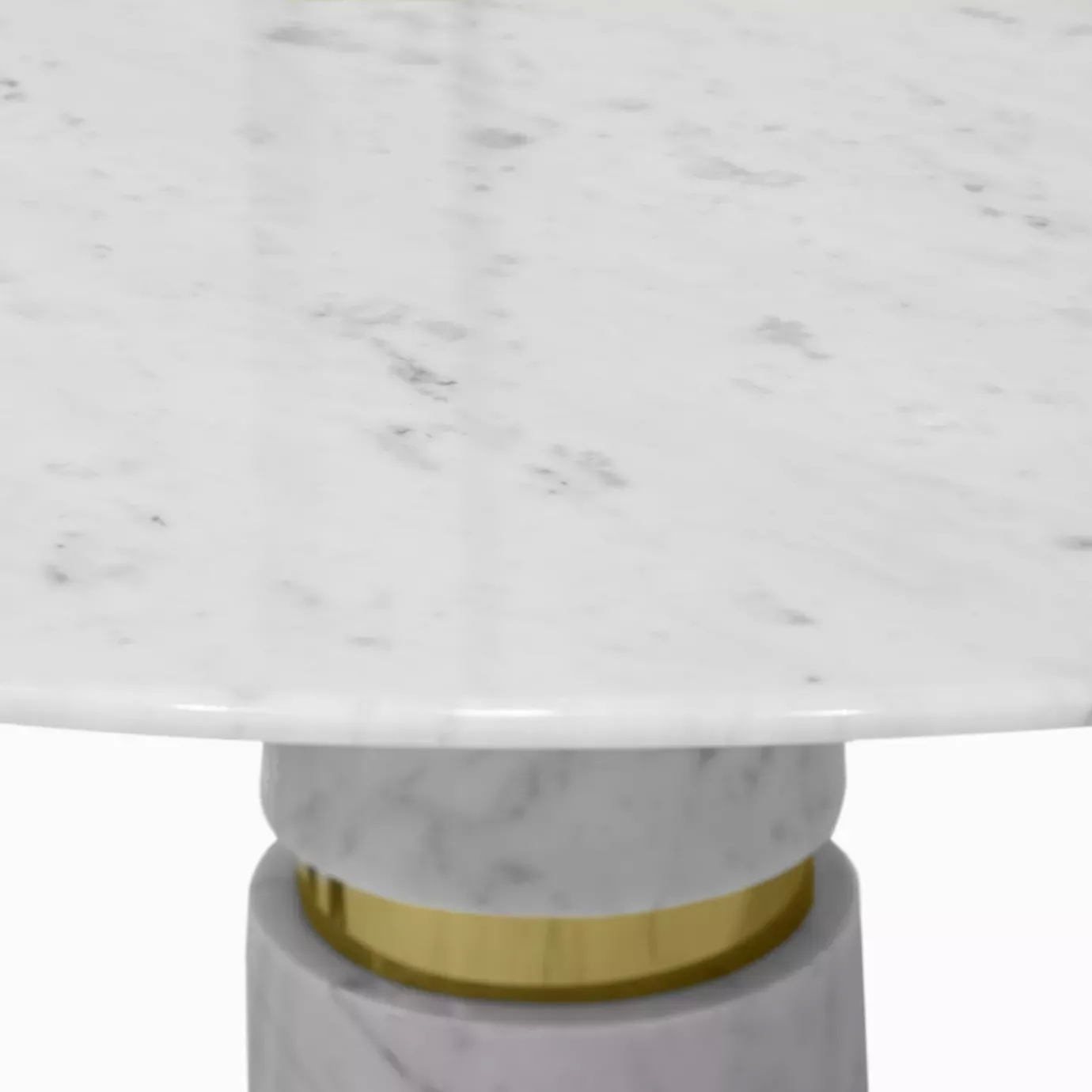 Elegant close-up of the round Carrara marble top of the Avalanche Dining Table.