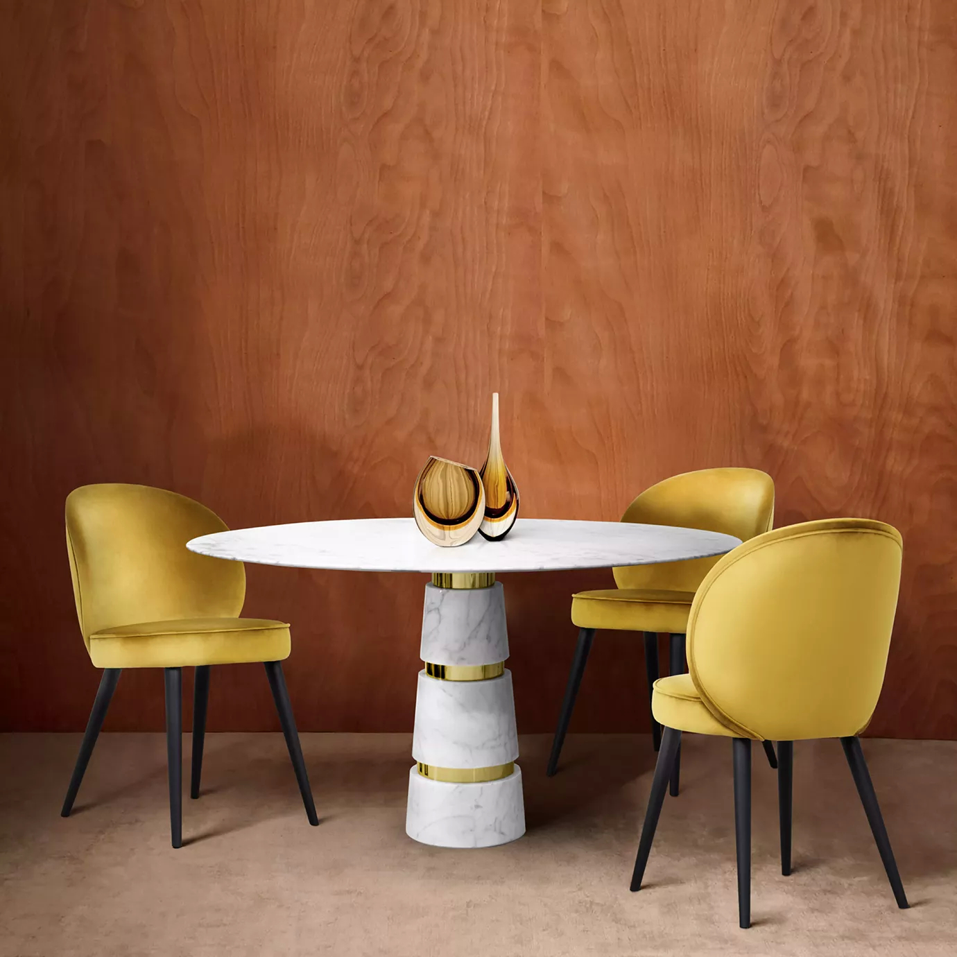 Elegant Avalanche Carrara Marble Dining Table with yellow velvet chairs in a modern setting.