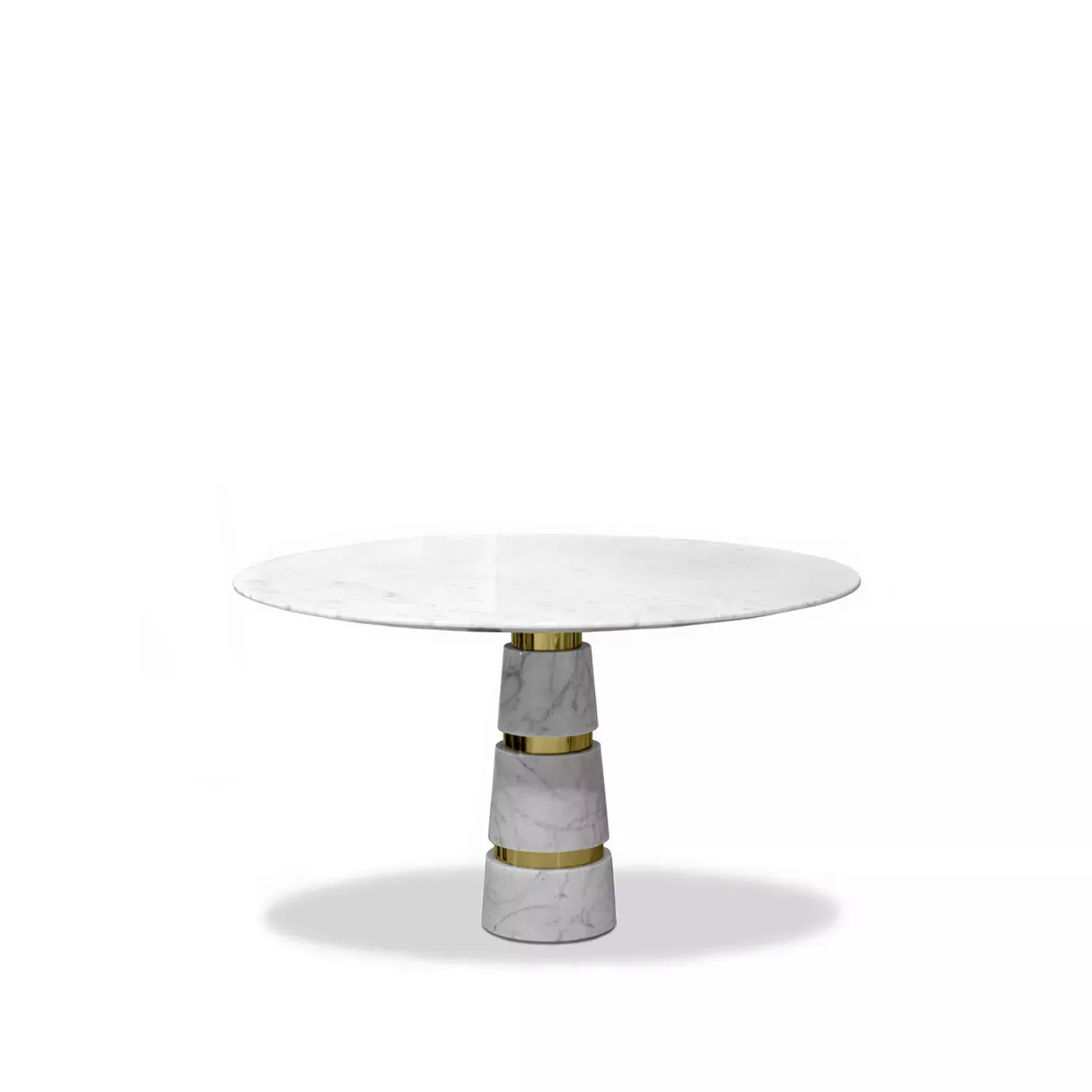 Elegant Avalanche Carrara Marble Dining Table with golden geometric base.