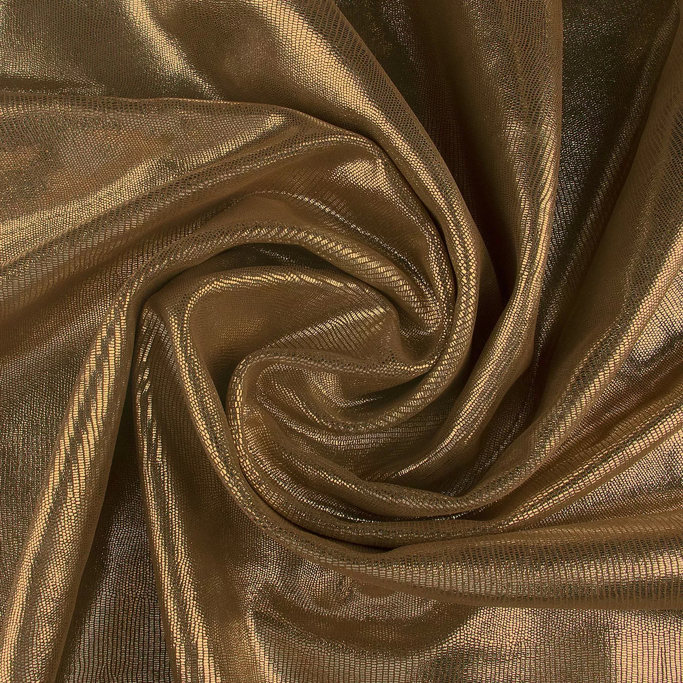 Close-up Salamander Cognac Leather: metallic cognac brown leather with a scaled texture. Features spiraling folds and golden light reflections.