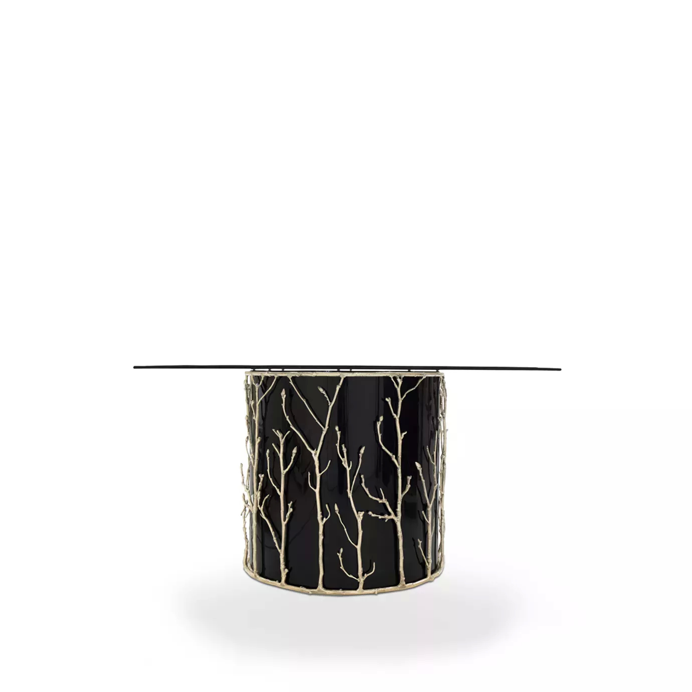 The Enchanted Glass Top Dining Table features a smoked glass tabletop and has a black structure adorned with intricate aged brass details, resembling branches.