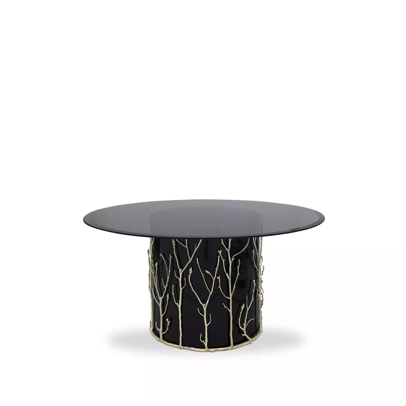 Featuring a smoked glass tabletop, the Enchanted Glass Top Dining Table has a black structure adorned with intricate aged brass details, resembling branches.