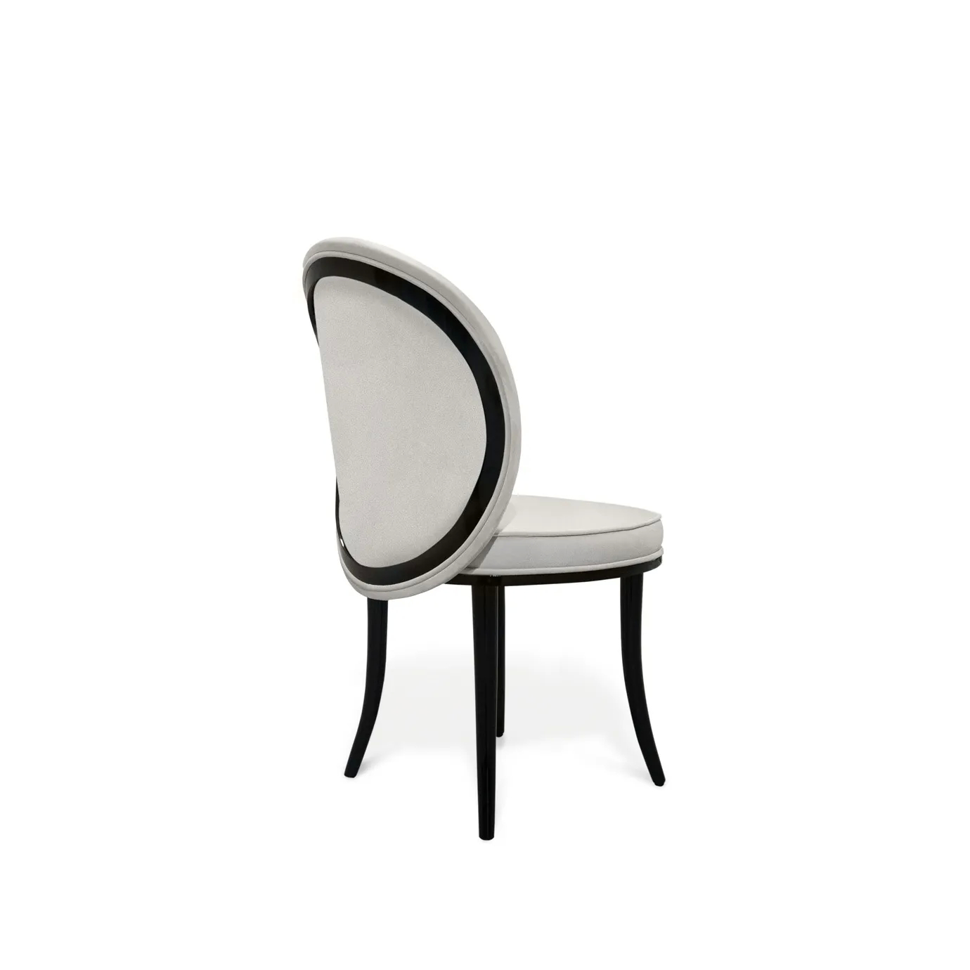 Merveille Fabric Back Dining Chair: Elegant white upholstered chair with a black frame and curved legs, featuring a sophisticated design.