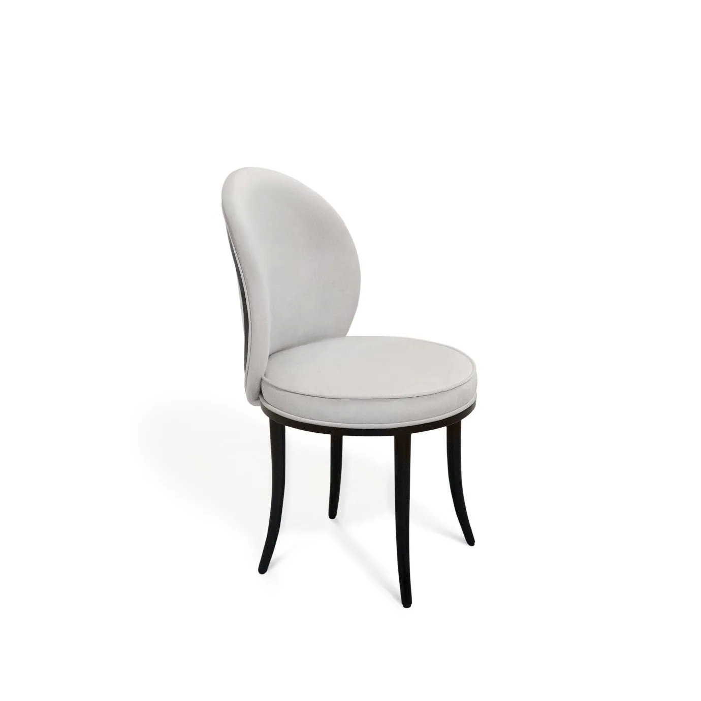 Merveille Fabric Back Dining Chair: Sleek white upholstered chair with a black frame and curved legs, showcasing a modern and elegant design.