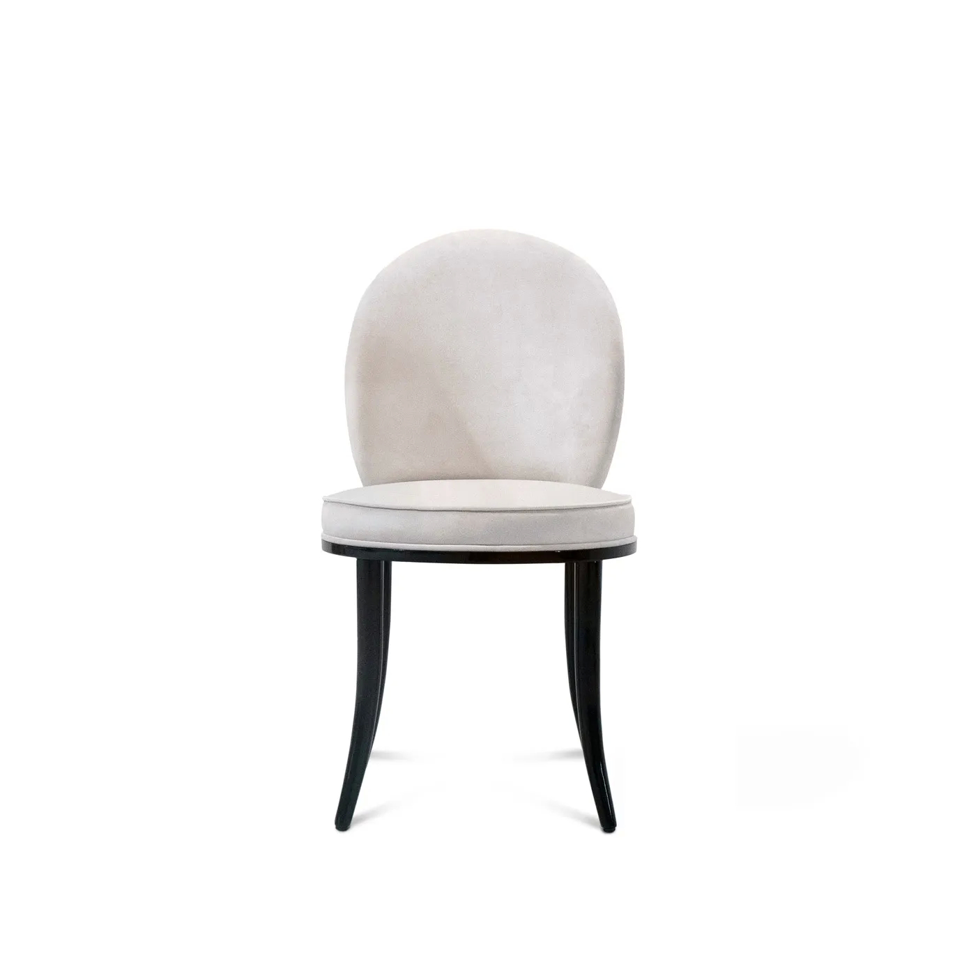 Merveille Fabric Back Dining Chair: Elegant white upholstered chair with a black frame and curved legs, featuring a sophisticated design.