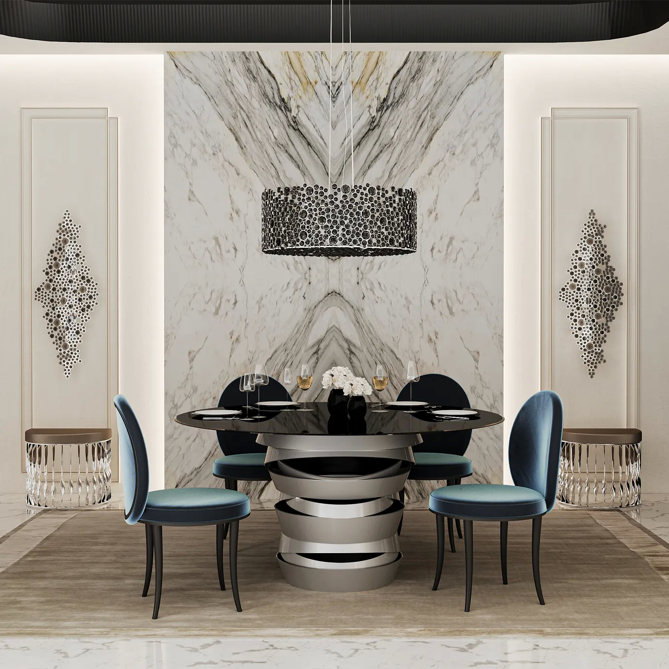 Merveille Fabric Back Dining Chair: Modern dining room with sleek blue upholstered chairs, a black table, and elegant decor, featuring marble walls and a statement chandelier.