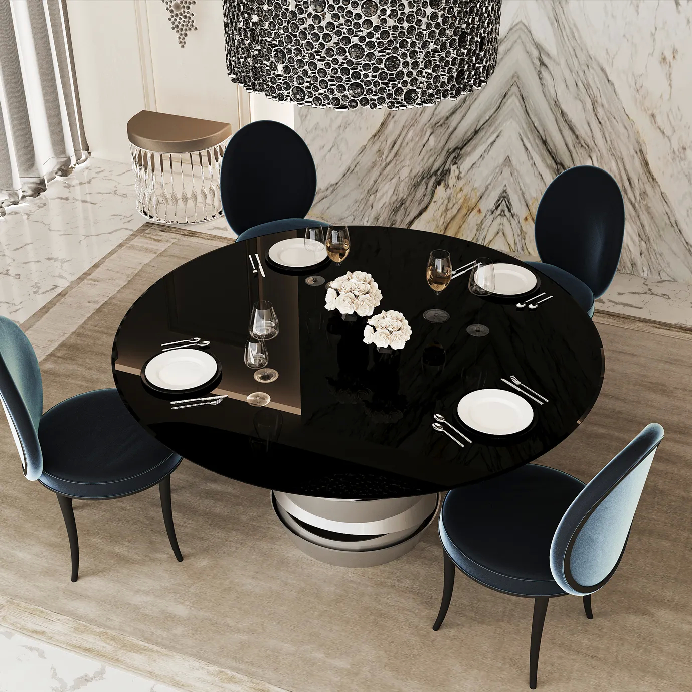 Merveille Fabric Back Dining Chair: Modern dining setup with sleek blue upholstered chairs, a black round table, and elegant decor, featuring marble walls and a stylish chandelier.