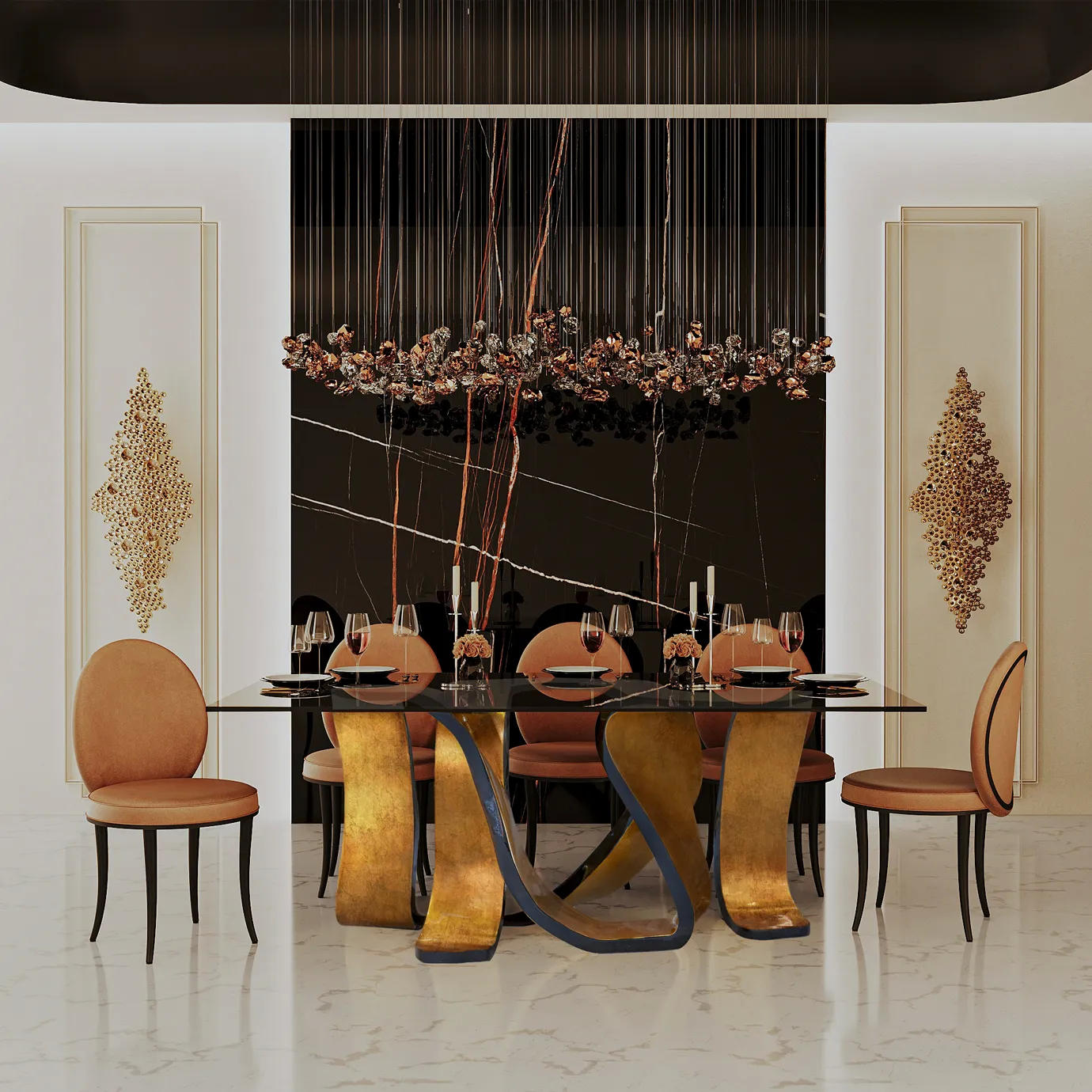 Merveille Fabric Back Dining Chair: Stylish white upholstered chairs with black frames, paired with a luxurious dining setup featuring a gold table and elegant decor.