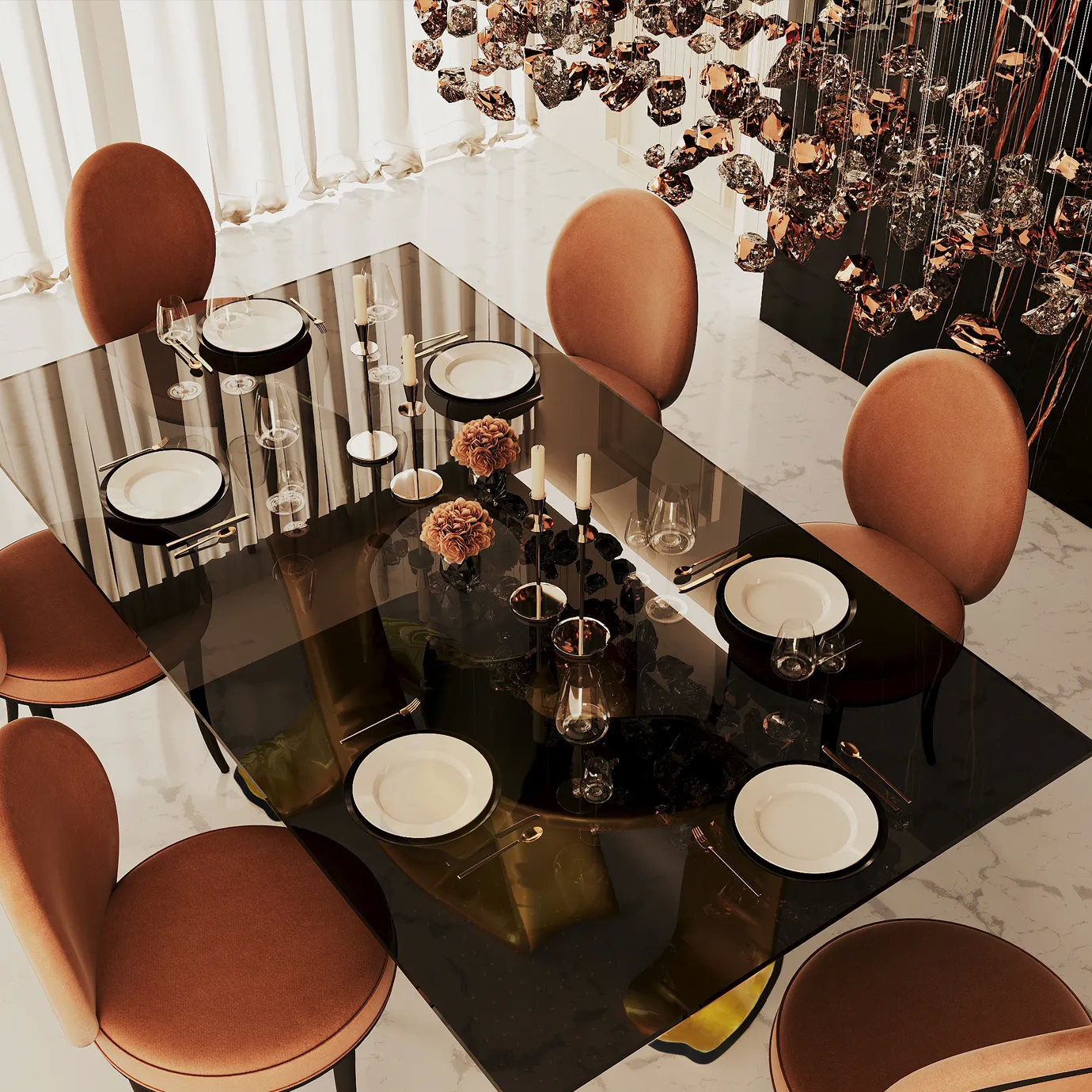 Merveille Fabric Back Dining Chair: Sleek white chairs with black frames in a modern dining room featuring minimalist decor and soft lighting.