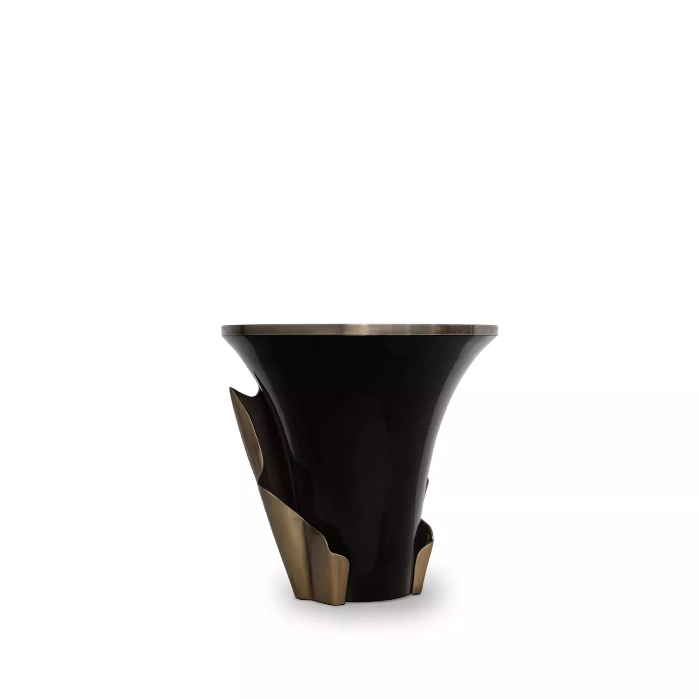 Yasmine Aged Gold Leaf Side Table: with a sultry silhouette, this luxurious side table has an ebony tabletop with aged brass edges set on a solid wooden black base, adorned with an aged gold leaf structure.