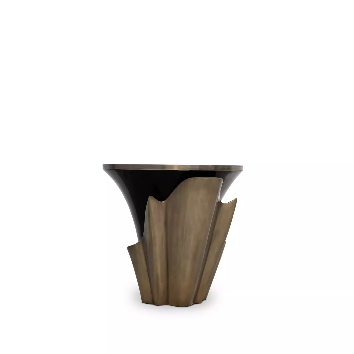 Featuring a sultry silhouette, Yasmine Aged Gold Leaf Side Table has an ebony tabletop with aged brass edges set on a solid wooden black base. The base is adorned with an aged gold leaf structure that arches back and forth.