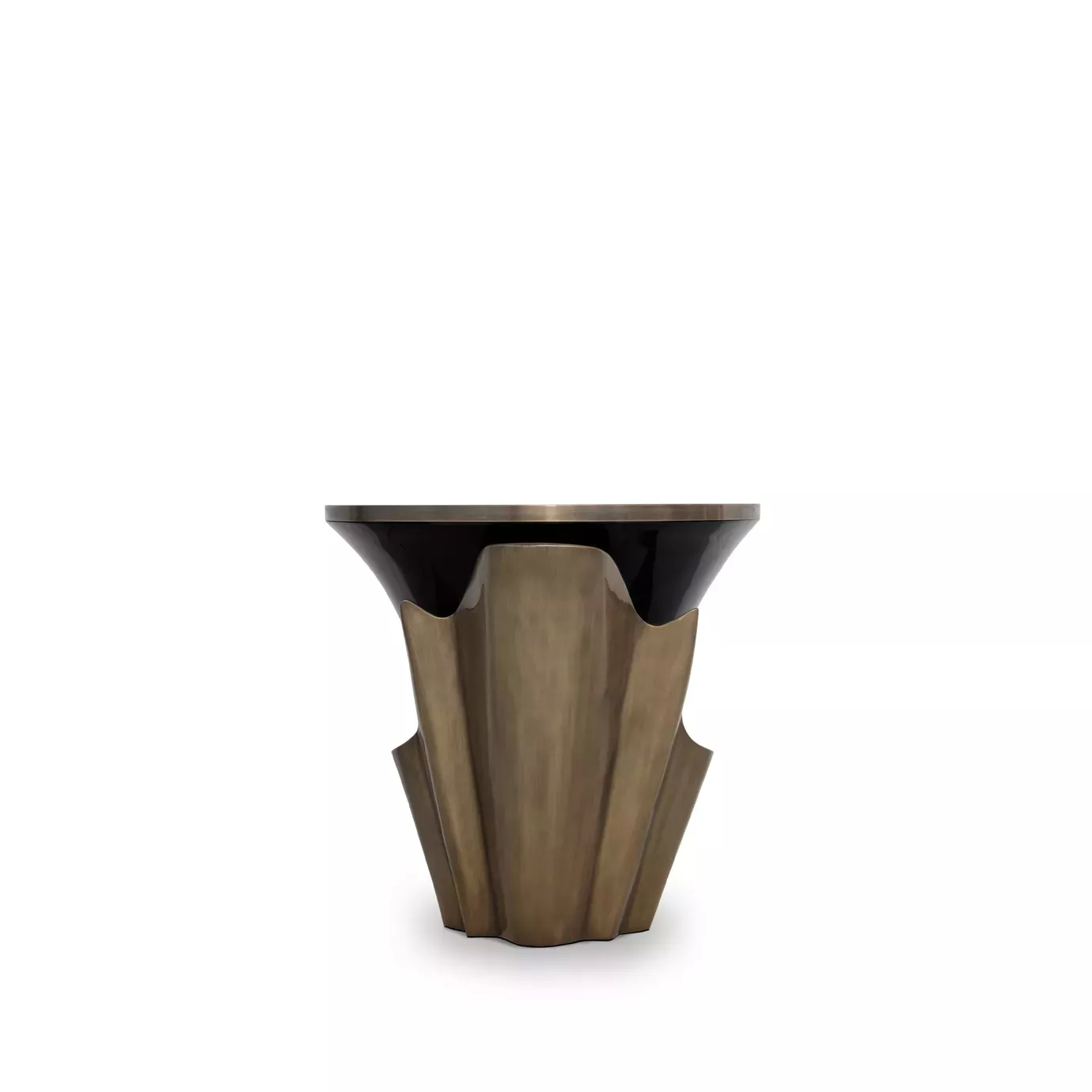 With emphasis on the aged gold leaf structure that arches back and forth around the solid wooden black base, the Yasmine Aged Gold Leaf Side Table has an ebony tabletop with aged brass edges.