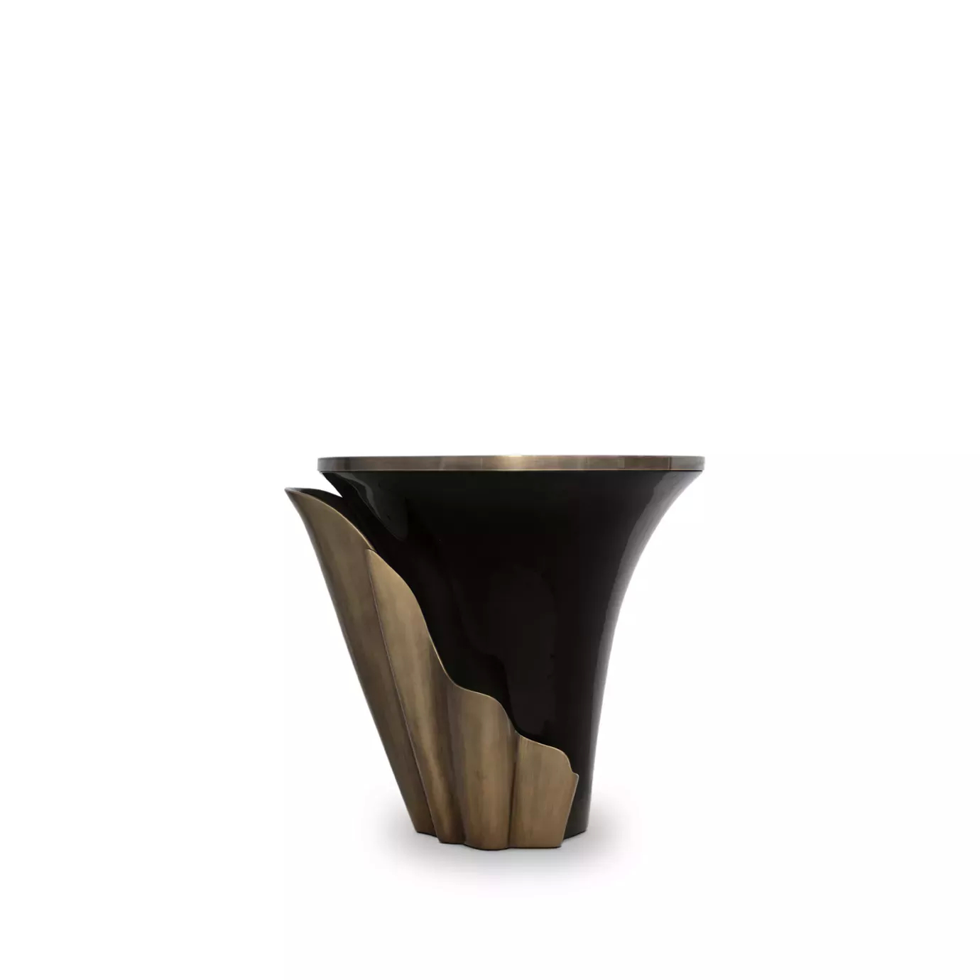 Featuring a sultry silhouette, Yasmine Aged Gold Leaf Side Table has an ebony tabletop with aged brass edges, set on a black wooden base, adorned with an aged gold leaf structure that arches back and forth.