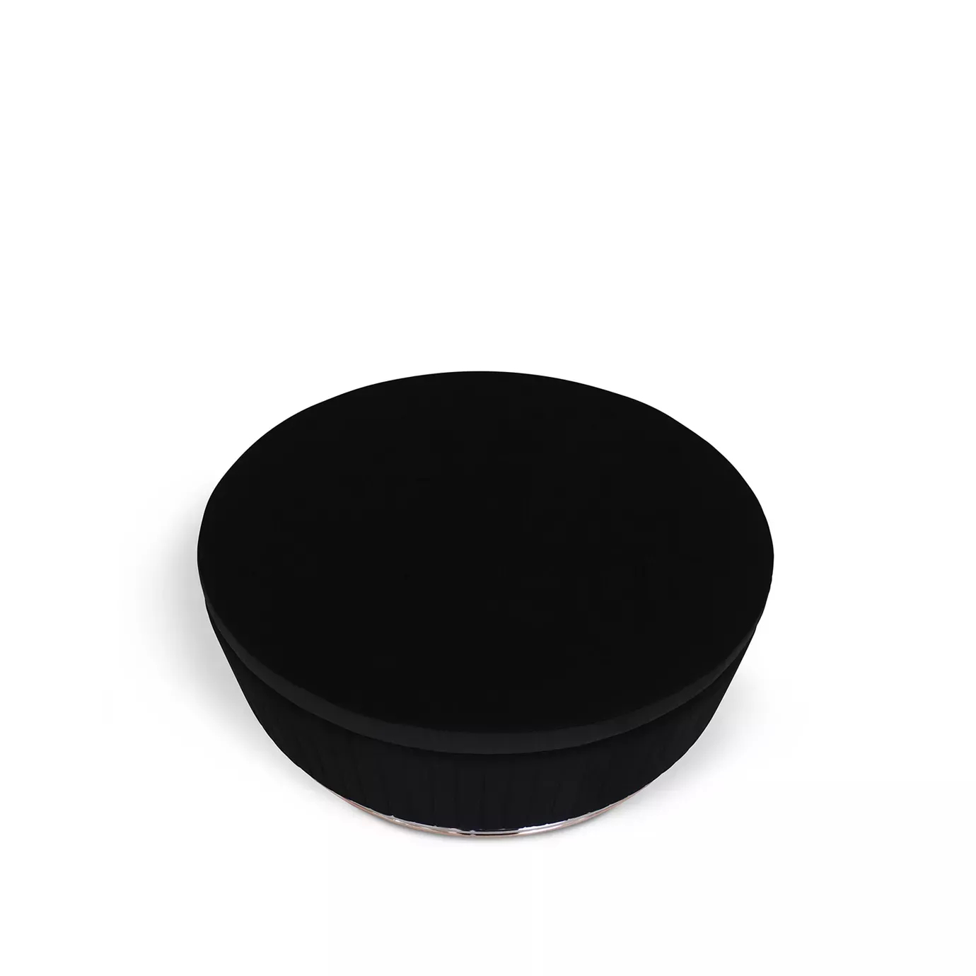 Mia Ottoman: Round ottoman with a plush black velvet top, shown from the top view.