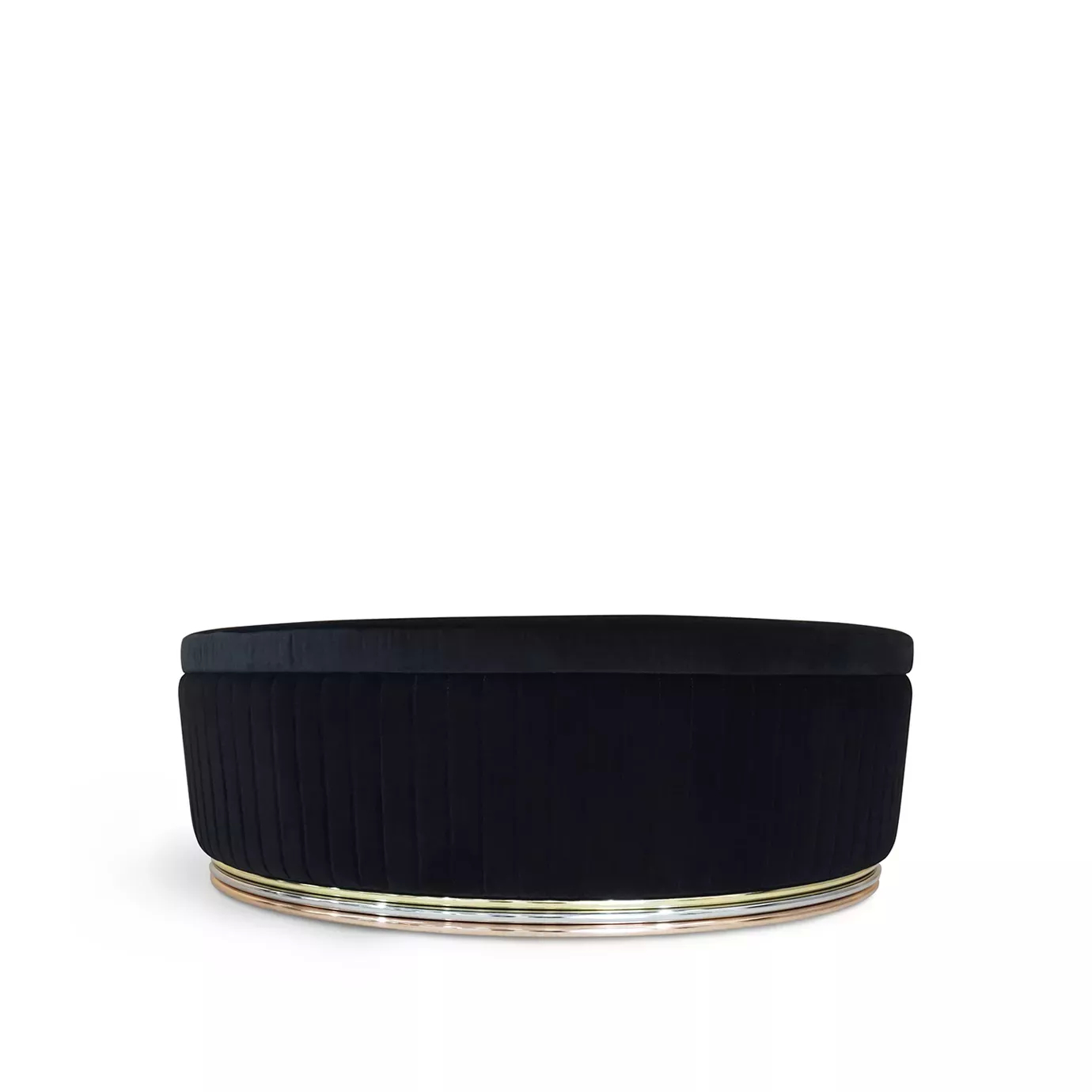 Mia Ottoman: Sleek, round ottoman with a plush black velvet top and pleated sides, featuring a rose gold base for modern elegance.